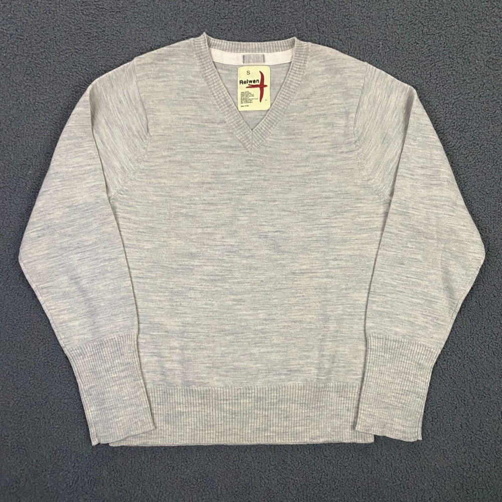 Relwen 100% Wool Sweater Mens Small‎ V-Neck Pullover Heather Gray Logo Huckberry